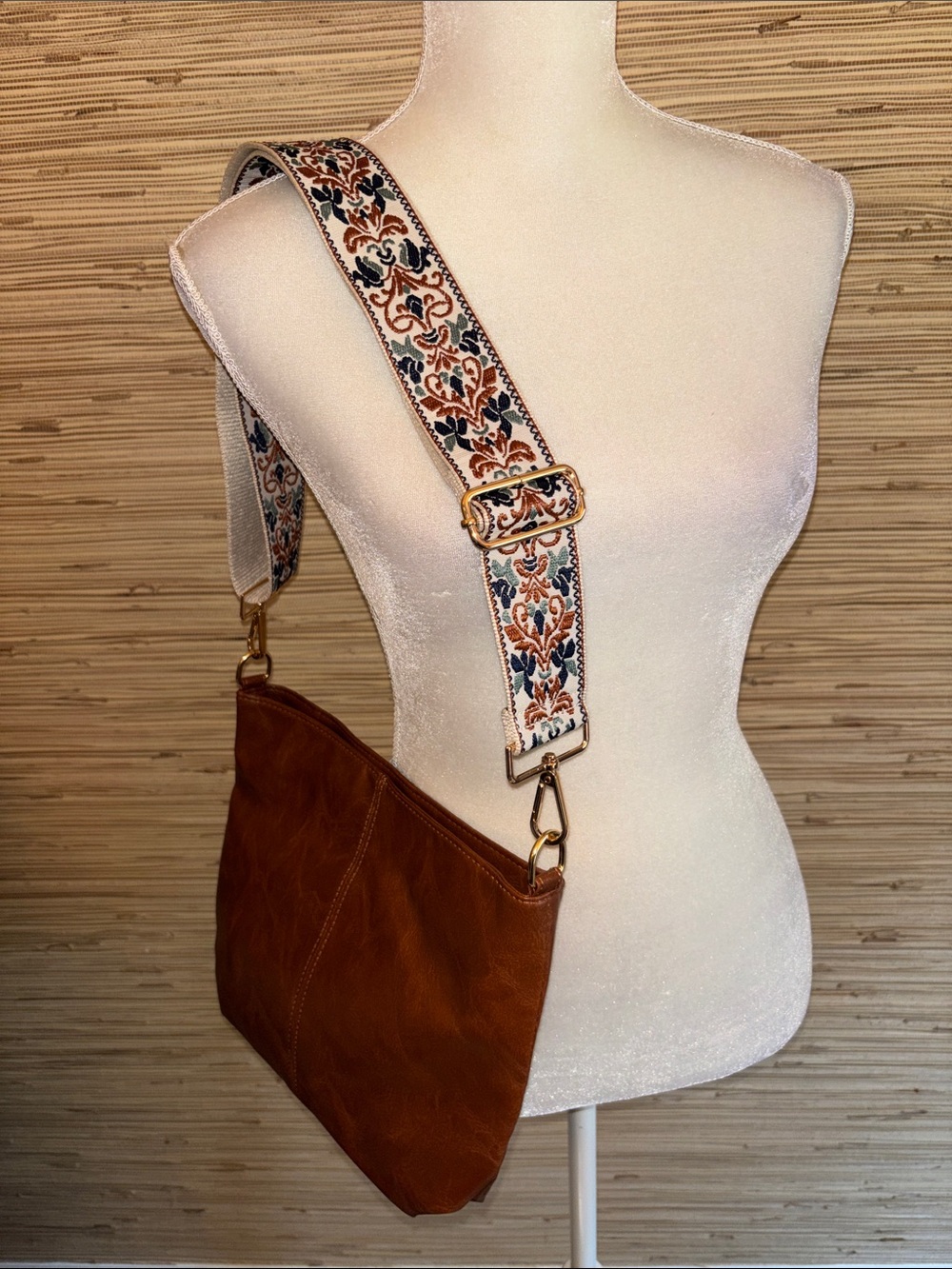 Brown faux Leather Crossbody Bag Floral Jacquard Strap second paisley teal strap